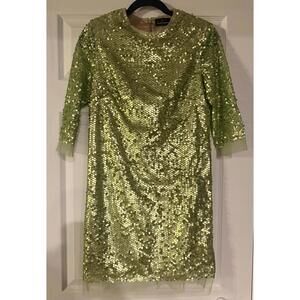 Craig Signer Chartreuse Green Sequin Shift Dress - Tulle Trim - Size M/L